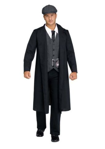 Michael Gray inspired costume in grey Peaky Blinders suitwith pocket watch and dark overcoat