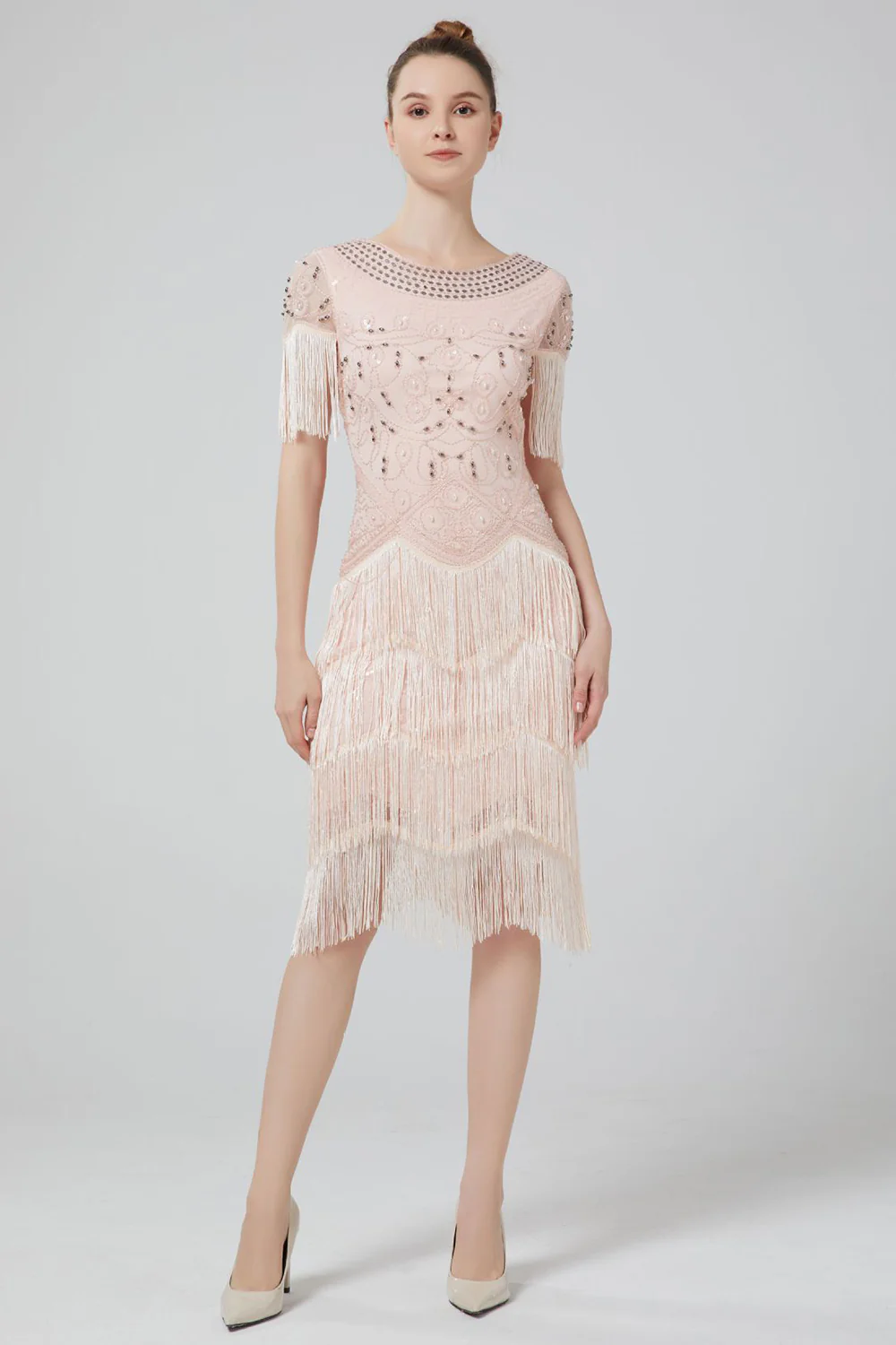 Blush Round Neck Glittery 1920s Flapper Dress