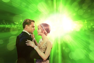 green light background while Gatsby and Daisy dance together