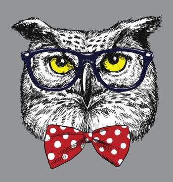 Bespectacled owl with a red-white polka dot bowtie