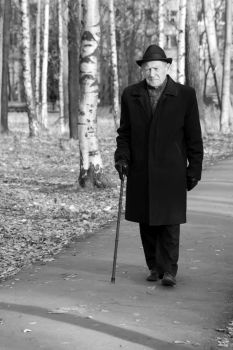 old man walking in the park with a cane