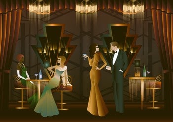 Men and women partying in an art deco bar