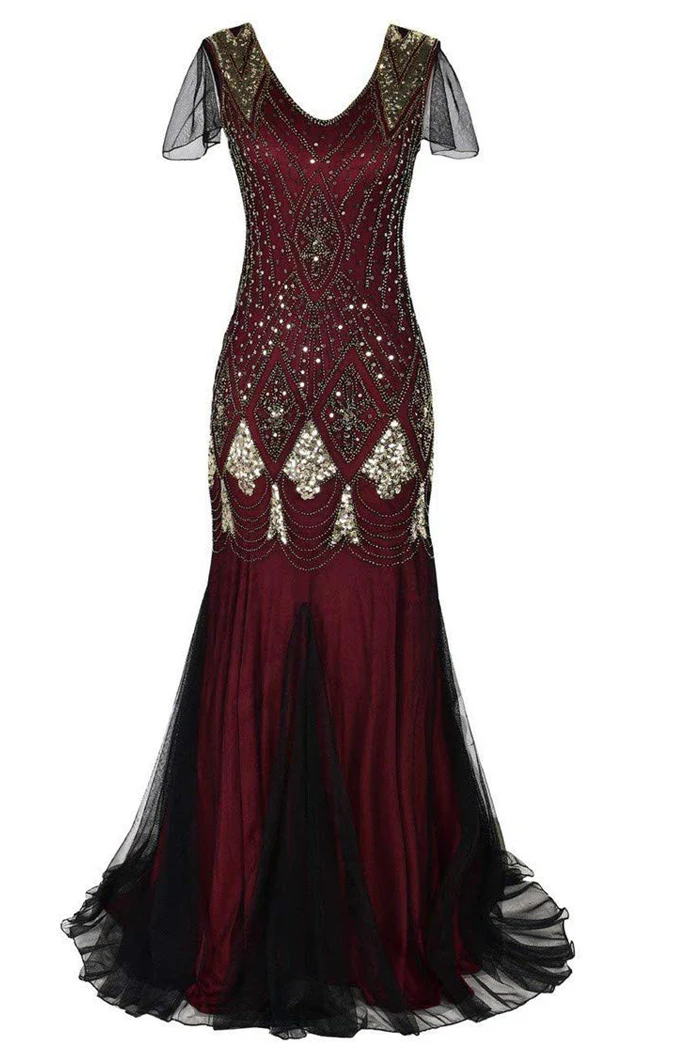 Red Sequin Long Tulle 1920s Prom Dress